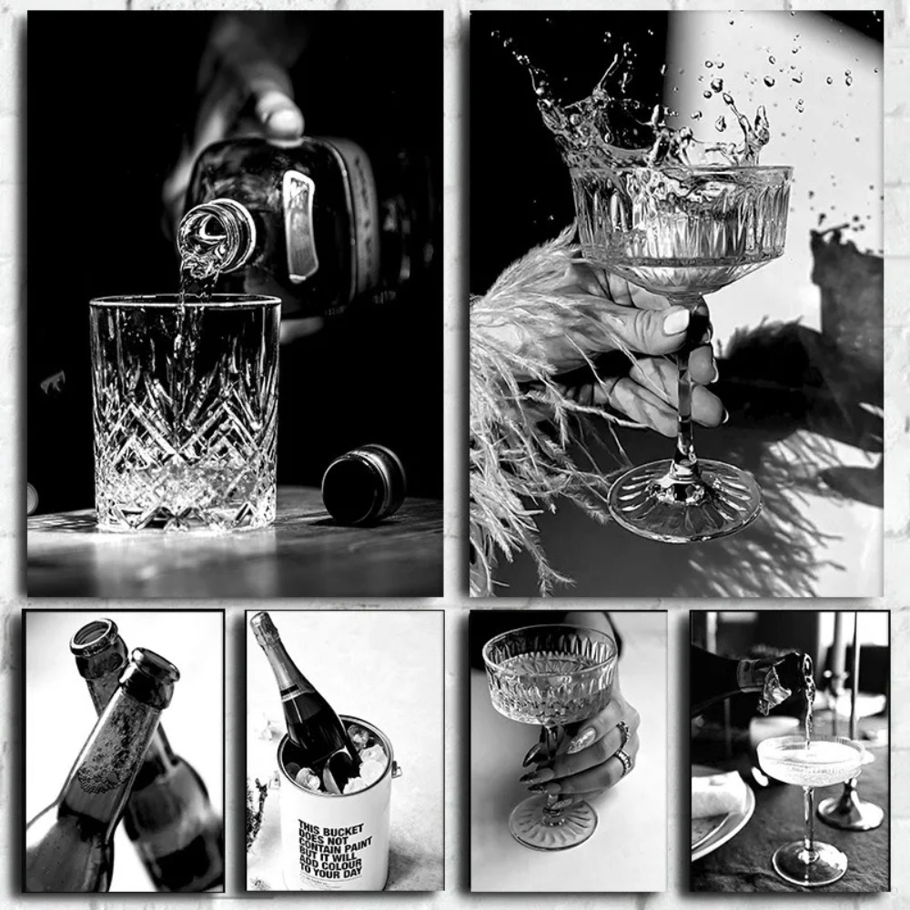 Whisky Beer And Wine - (2D canvas schilderij) Zwart-wit bar champagne